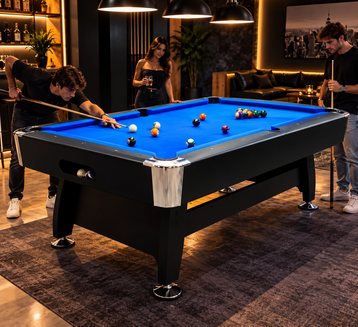 Players gather around a modern billiard table for a game