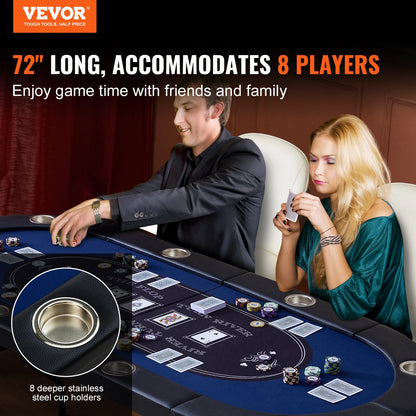 SucceBuy 8 Player Foldable Poker Table Blackjack Texas Holdem with Padded Rails and Stainless Steel Cup Holders Blue